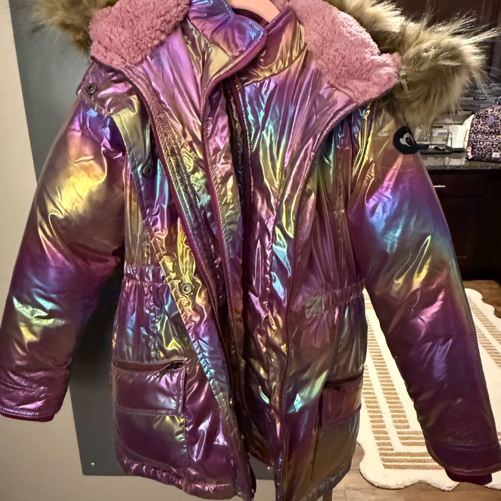 Iridescent Kids Jacket with Faux Fur Hood